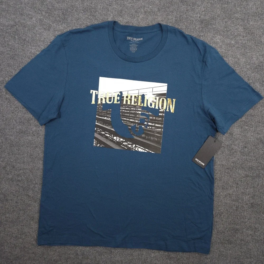 True Religion T Shirt Mens 3XL Majolica Blue Bench Graphic Short Sleeve Crew NEW